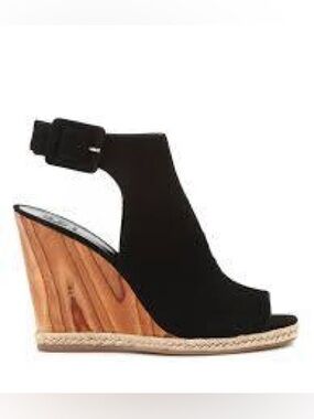 Tory Burch Raya Black Suede Wood Wedge Sandals, sz 6.5